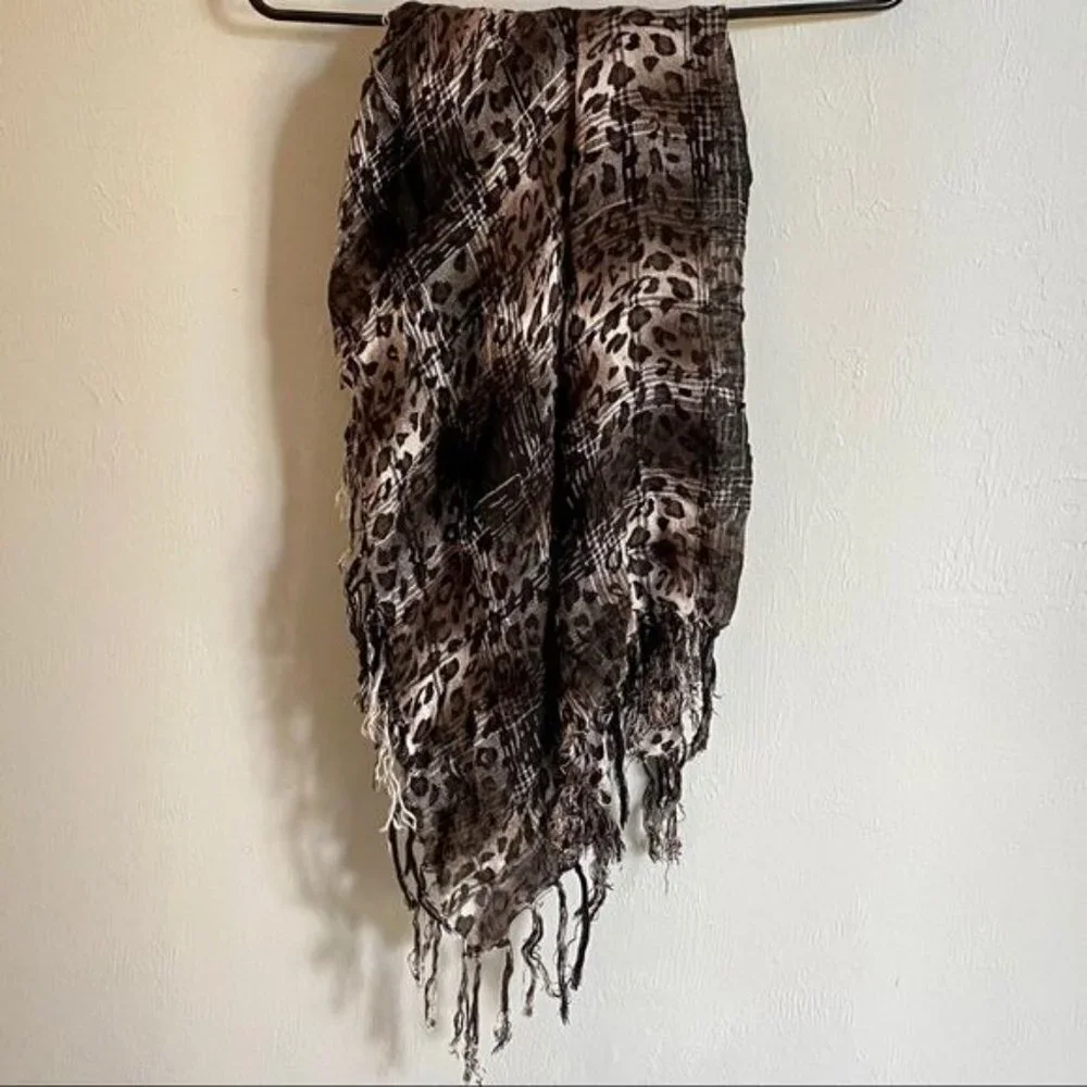 Animal Print Woven Scarf with Fringe